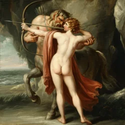 Chiron unterrichtet Achilles im Bogenschießen